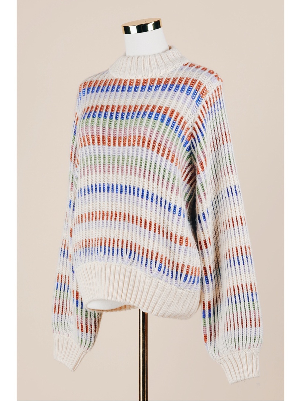 Sz M Line And Dot Cream Knit Heavyweight Multi Stripe Lawson Sweater EUC